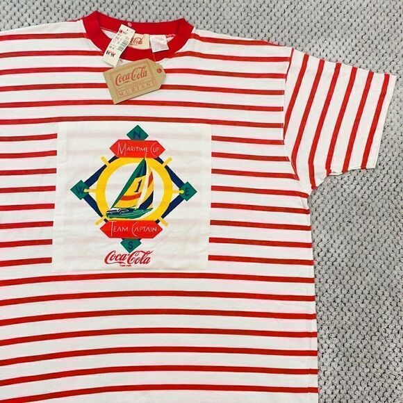 Vintage 80’s Coca-Cola Striped Sailing Short Sleeve Shirt w/ Original Tags - Picture 2 of 5